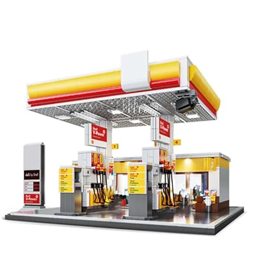 Auto Waschen Tankstelle Einzelhandel Station Klemmbausteine Modular Building Set mit 2 Figuren und LED Licht, C66026W MOC Bausteine Christmas Weihnachten Geschenk für Erwachsene Kinder（1327 Teile） von barweer