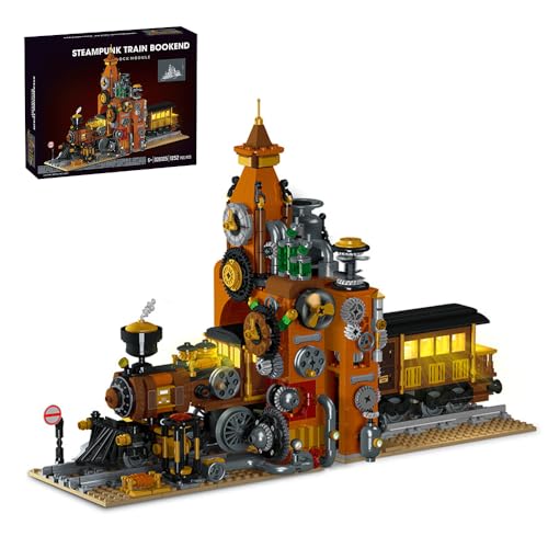 barweer Klemmbausteine Steampunk Zug Buchstütze,Dampflok City Train Buchstützen Bausteine, Züge Lokomotive Fahrzeug Building Set für Erwachsene und Kinder (1252 Teile) von barweer