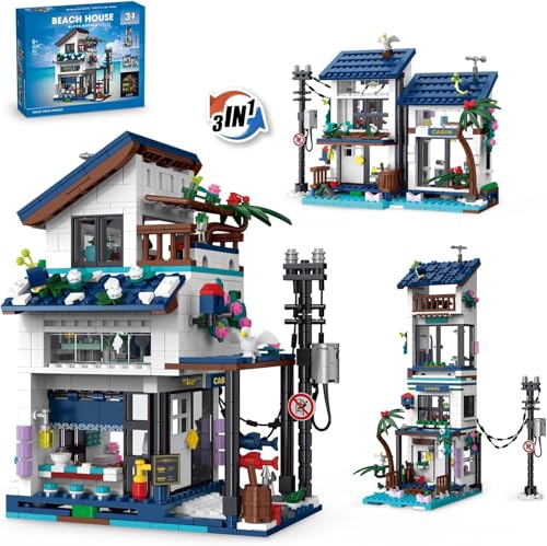 barweer Creative 3-in-1 Klemmbausteine Beach Haus, Architecture Villa Häuser Bausteine Bausatz, Stadthaus Gebäude House Modular Building Friends Sets for Boys Girls Kids Aged 6-14 (813 Teile) von barweer