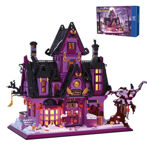 barweer Mini Steine Klemmbausteine Haus Halloween Häuser Bausteine, Magic Broomstick House Architecture Modell Bausatz, Stadthaus Gebäude Modular Building Set für Erwachsene (2639 Teile) von barweer