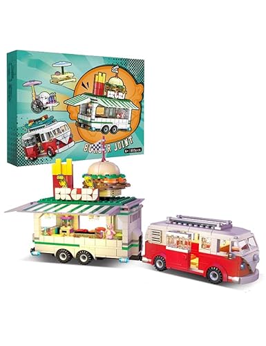 barweer Retro Burger Wagen Klemmbausteine Auto,Nostalgisches City Food Truck Stall Wohnmobil Van Baustein, Burgerwagen Bus Modell für Erwachsene und Kinder（883 Teile） von barweer