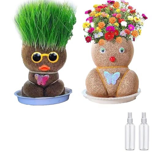 batlx Wachsende Graskopf Puppenpflanze, Graskopf Haarwuchs Spielzeug Mit Tablett, Mini Bonsai Gras Kopf Figure Puppen, Growing Grass Head, Grass Head Growing Kit for Kids (2pcs-B) von batlx