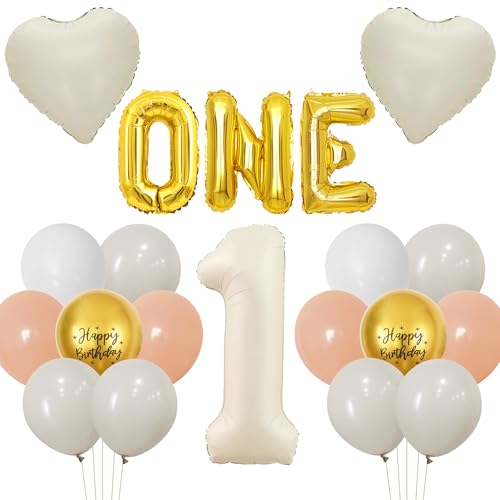 1. Geburtstag Dekorationen für Mädchen Jungen – 101,6 cm beige Zahl Alter 1 Luftballon, 101,6 cm Gold Buchstabe 1 und Liebe Folienballons für Kinder erster Geburtstag Party Dekoration Supplies von batnite