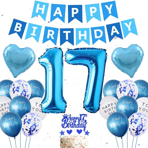 17 Geburtstag Party Dekorationen für Jungen - 44 Stück Blau Party Dekoration Nummer 17 Folienherzballon Happy Birthday Banner Hängende Wirbel Cake Topper für Männer Ihn Sohn 17 Jahre alt Party von batnite