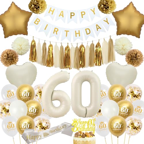 60 Weiß Gold Geburtstag Dekorationen - 70 Stück Geburtstagsdeko Happy Birthday Banner Zahl 60 Folienballon Beige Papier Pompom Fransen Schärpe Cake Topper für Frauen Mädchen 60 Geburtstag Deko von batnite