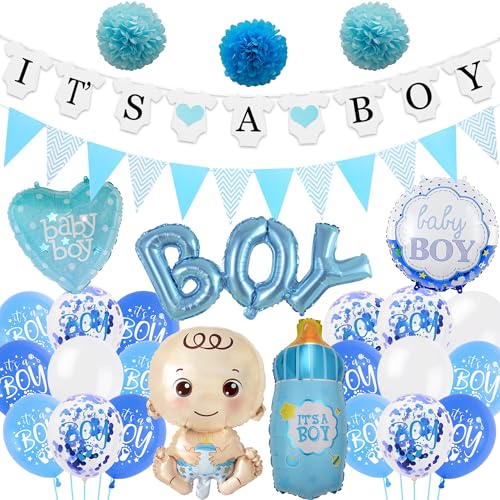 Babyparty Dekoration Junge Luftballons - 47 Stück Baby Shower Party Supplies It's A Boy Banner Baby Boy Folienballon Blau Flasche Boy Brief Folienballon Pompoms für Jungen Geschlecht Enthüllung Party von batnite