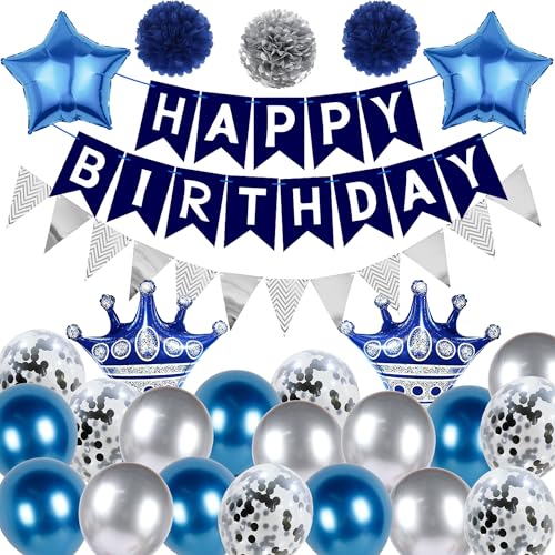 Blau Silber Geburtstag Party Dekorationen - 50 Stück Party Supplies Happy Birthday Banner, Krone Stern Folienballons, Papier Pom Poms, Pailletten Ballons, Wimpel Flagge Girlande für Männer Jungen von batnite