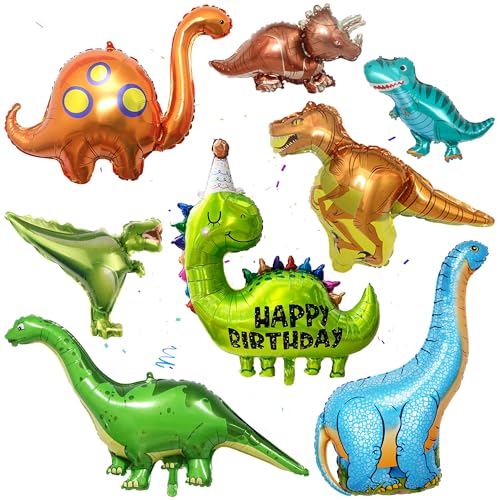 Riesen Dinosaurier Folienballons Geburtstag Deko - 8 Stück Dino Luftballons, XXL Grünen Blau Gelb Dino Helium Ballons, Mini Triceratops Dinosaurier Ballon für Kinder Junge Mädchen Geburtstagdeko von batnite