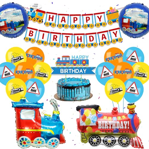 Zug Geburtstagsdeko Dampfzug Luftballons Kit - 35 Stück Zug Party Dekorationen, Happy Birthday Banner, Cupcake Toppers, Verkehr Latexballons, Schulbus Folienballon für Kinder Jungen Geburtstags von batnite