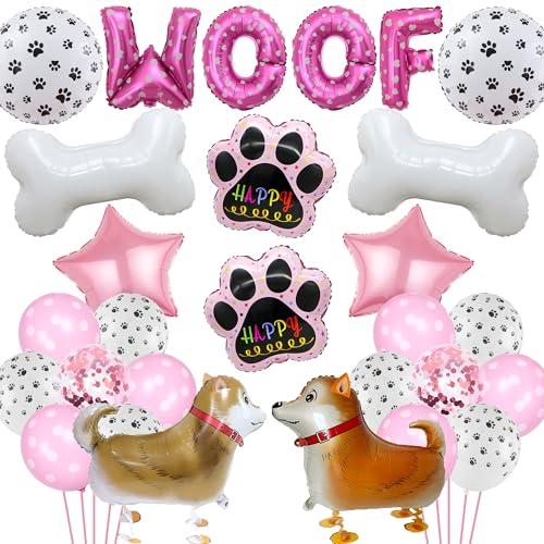 Hundeballons Geburtstag Party Dekorationen - 28 Stück Haustier Hund Happy Birthday Party Supplies mit Walking Animal Dog Ballons, Pink Star Paw Print Knochen WOOF Folienballon für Mädchen Puppy Pawty von batnite