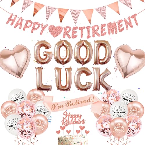 Rose Gold Good Luck Retirement - 61 Stück Ruhestand Party Dekorationen, Happy Retirement Banner, Schärpe, Liebe Folienballons, Glitzer Kuchen Topper, Für Frauen Job Change Graduation Abschied Party von batnite