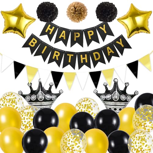 Schwarz Gold Geburtstag Party Dekorationen - 50 Stück Partyzubehör mit Happy Birthday Banner, Krone Stern Folienballons, Papier Pom Poms, Wimpel Flagge Wimpelkette für Männer Frauen Jungen Mädchen von batnite