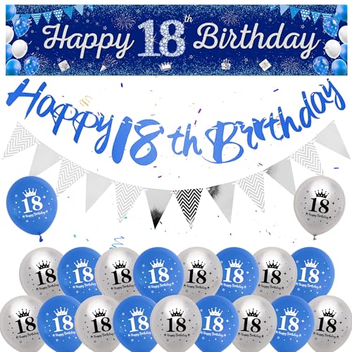 18. Geburtstag Dekoration Blau Silber - 50 Stück Junge Geburtstagsdeko Ballons Happy 18 Birthday Banner Luftballon, Hintergrund Wimpel Girlande Ballon für 18 Jahre Jungen Deko von batnite