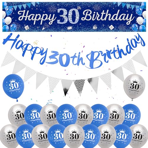 30 Geburtstag Deko Blau Silber - 50 Stück Männern Geburtstag Dekoration Ballons Happy 30 Birthday Banner Luftballon, Hintergrund Wimpel Girlande Ballon für 30 Jahre Geburtstagdeko von batnite