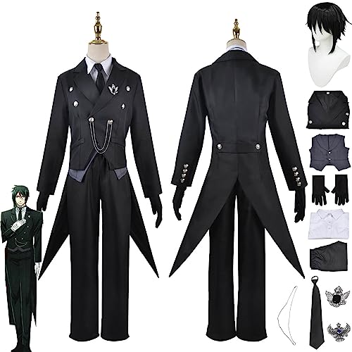 Anime Charakter Sebastian Michaelis Cosplay Kostüm Outfit Rollenspiel Uniform Komplettes Set Halloween Party Karneval Dress Up Anzug mit Perücke für Männer Jungen (S) von bbganlian