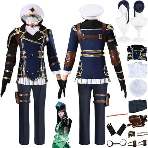 bbganlian Anime Arcane Season 2 Caitlyn Cosplay Kostüm Outfit Rollenspiel Vi Blau Uniform Komplettes Set Halloween Party Karneval Dress Up Anzug mit Hut Perücke für Damen (L) von bbganlian