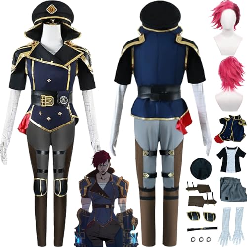 bbganlian Anime Arcane Season 2 Cosplay Kostüm Outfit Rollenspiel Caitlyn Blau Uniform Komplettes Set Halloween Party Karneval Dress Up Anzug mit Hut Perücke Ohrclip für Damen (XL) von bbganlian