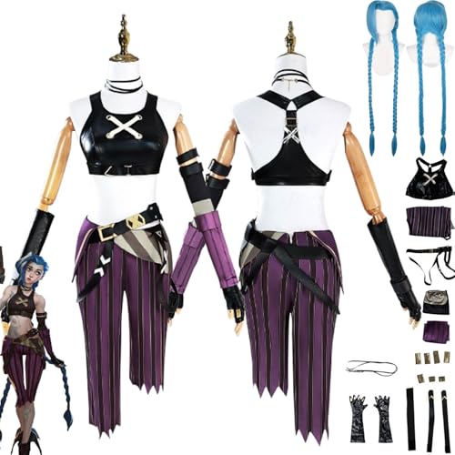 bbganlian Anime Arcane Season 2 Jinx Cosplay Kostüm Outfit Rollenspiel Caitlyn Uniform Komplettes Set Halloween Party Karneval Dress Up Anzug mit Perücke Kopfschmuck für Damen (L) von bbganlian