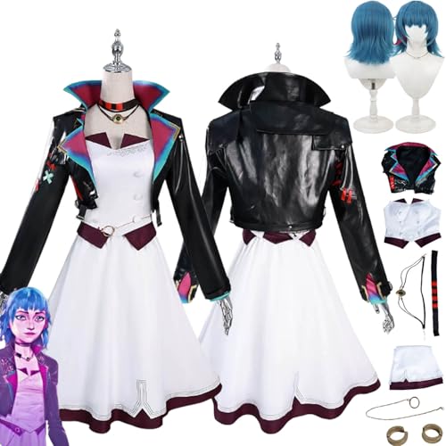 bbganlian Anime Arcane Season 2 Jinx Cosplay Kostüm Outfit Vi Caitlyn Rollenspiel Uniform Komplettes Set Halloween Party Karneval Dress Up Anzug mit Perücke Ohrclips für Frauen (XS) von bbganlian