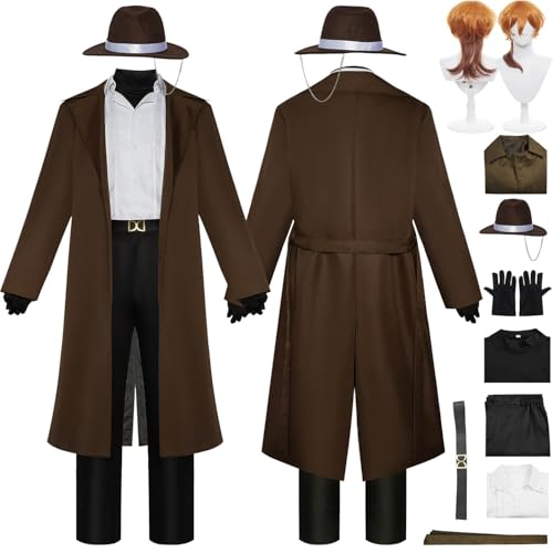 bbganlian Anime Bungou Stray Dogs Nakahara Chuya 10. Jahrestag Cosplay Kostüm Outfit Rollenspiel Uniform Komplettes Set Halloween Party Dress Up Anzug mit Perücke Hut für Männer (XL) von bbganlian