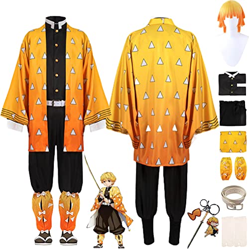 bbganlian Anime Charakter Agatsuma Zenitsu Cosplay Kostüm Outfit Dämonentöter Kanroji Mitsuri Komplettes Set Halloween Party Karneval Dress Up Anzug mit Perücke für Männer (M) von bbganlian