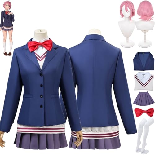 bbganlian Anime Charakter Aira Shiratori Cosplay Kostüm Outfit Dandadan Momo Ayase Uniform Blau Mantel Komplettset Halloween Party Karneval Dress Up Anzug mit Perücke für Frauen (M) von bbganlian