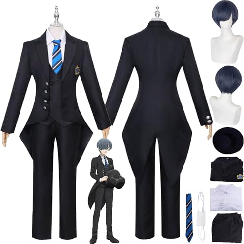 bbganlian Anime Charakter Ciel Phantomhive Cosplay Kostüm Outfit Rollenspiel Uniform Komplettes Set Halloween Karneval Dress Up Anzug mit Perücke Hut Augenklappe für Männer Jungen (L) von bbganlian