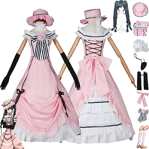 bbganlian Anime Charakter Ciel Phantomhive Cosplay Kostüm Outfit Rosa Uniform Kleider Komplettes Set Halloween Party Dress Up Anzug mit Hut Perücke Augenklappe für Frauen Mädchen (M) von bbganlian