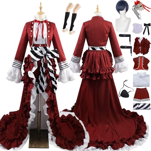 bbganlian Anime Charakter Ciel Phantomhive Tea Cup Cosplay Kostüm Outfit Rot Uniform Komplettes Set Halloween Karneval Dress Up Anzug mit Perücke Augenklappe für Frauen Mädchen (L) von bbganlian