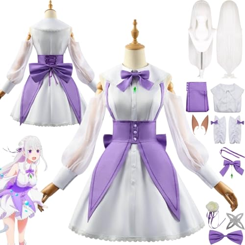 bbganlian Anime Charakter Emilia Cosplay Kostüm Outfit Re Life In A Different World From Zero Uniform Komplettes Set Halloween Party Karneval Dress Up Anzug mit Perücke für Frauen (L) von bbganlian