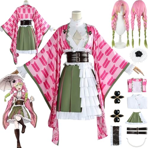 bbganlian Anime Charakter Kanroji Mitsuri 5. Jahrestag Cosplay Kostüm Outfit Demon Slayer Uniform Komplettes Set Halloween Party Karneval Dress Up Anzug mit Perücke für Frauen (L) von bbganlian