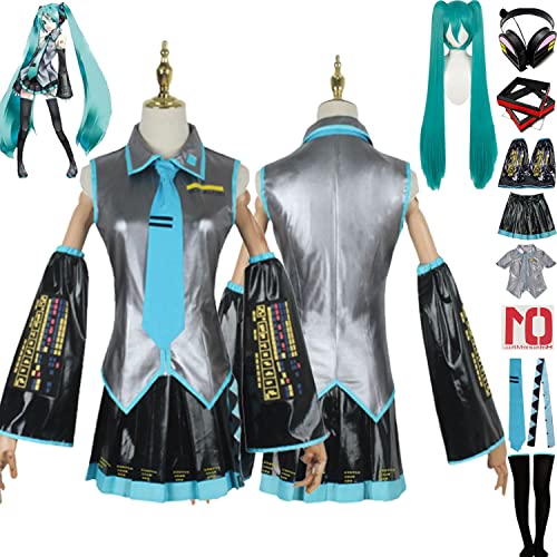 bbganlian Anime Charakter Miku Cosplay Kostüm Outfit Rollenspiel Uniform Komplettes Set Halloween Karneval Party Dress Up Anzug mit Perücke Kopfschmuck Kopfhörer für Frauen (L) von bbganlian