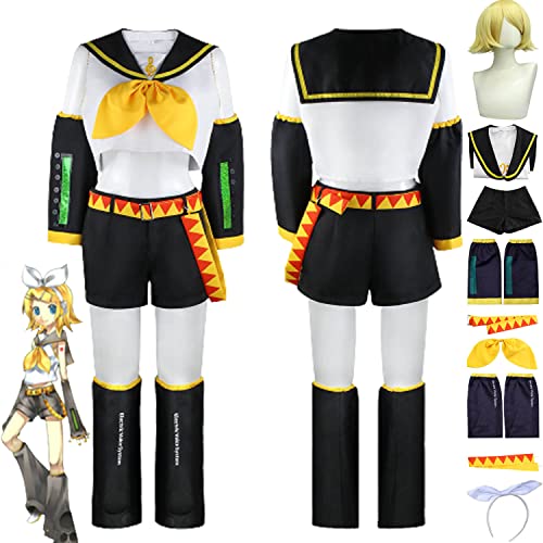 bbganlian Anime Charakter Rin Len Cosplay Kostüm Outfit Vocaloid Miku Rollenspiel Uniform Komplettes Set Halloween Karneval Party Dress Up Anzug mit Kopfschmuck Perücke für Frauen (S) von bbganlian