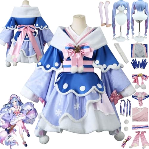 bbganlian Anime Charakter Schnee Miku Cosplay Kostüm Outfit H'atsune M'iku Uniform Komplettes Set Halloween Karneval Dress Up Anzug mit Kopfschmuck Perücke Hut für Frauen (XS) von bbganlian