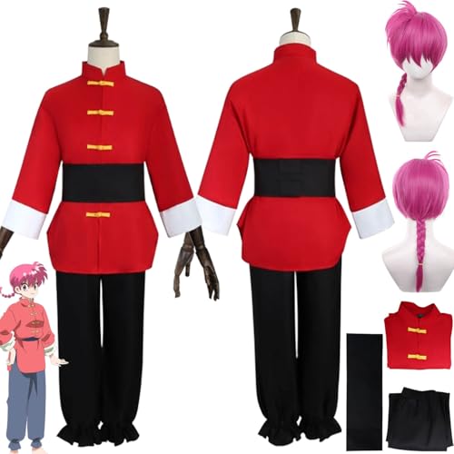 bbganlian Anime Charakter Tendou Akane Cosplay Kostüm Outfit Ranma 1/2 Uniform Rot Obere Hosen Komplettes Set Halloween Party Karneval Dress Up Anzug mit Perücke für Frauen (XXL) von bbganlian