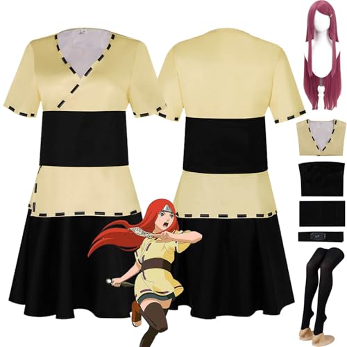 bbganlian Anime Charakter Uzumaki Kushina Cosplay Kostüm Outfit Rollenspiel Uniform Komplettes Set Halloween Karneval Dress Up Anzug mit Perücken Kopfschmuck für Frauen Mädchen (L) von bbganlian