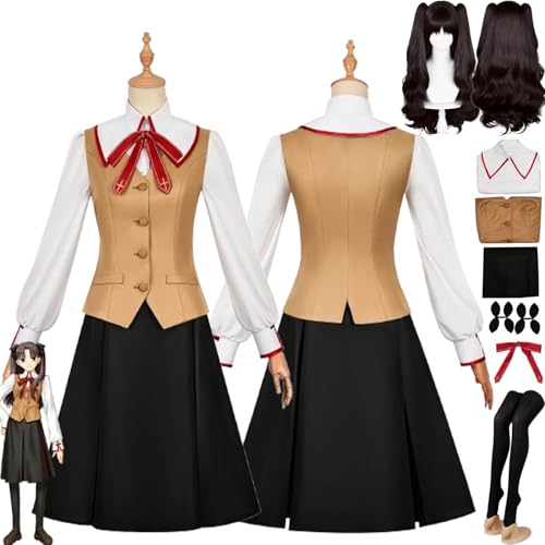 bbganlian Anime Fate/Stay Night Tohsaka Rin Cosplay Kostüm Outfit Rollenspiel Uniform Komplettes Set Halloween Party Karneval Dress Up Anzug mit Perücke Kopfschmuck für Damen (XL) von bbganlian