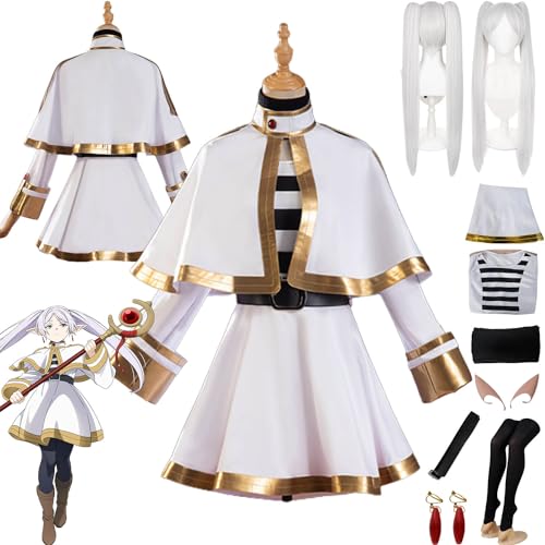 bbganlian Anime Frieren Cosplay Kostüm Outfit Frieren at the Funeral Uniform Komplettes Set Halloween Party Karneval Dress Up Anzug mit Ohrringen Falsche Ohren Perücke für Damen (XXL) von bbganlian