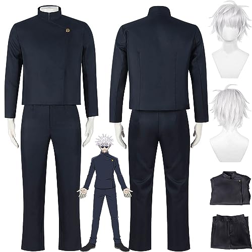 bbganlian Anime Gojo Satoru Cosplay Kostüm Outfit Jujutsu Kaisen Staffel 2 Uniform Top Hosen Komplettes Set Halloween Karneval Party Dress Up Anzug mit Perücke für Männer Jungen (S) von bbganlian