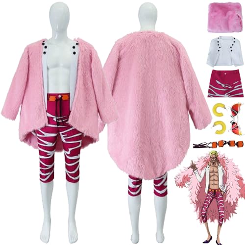 bbganlian Anime One Piece Doflamingo Cosplay Kostüm Outfit Rollenspiel Uniform Komplettes Set Halloween Karneval Party Dress Up Anzug mit Ohrringen Sonnenbrille für Männer Jungen (XXL) von bbganlian