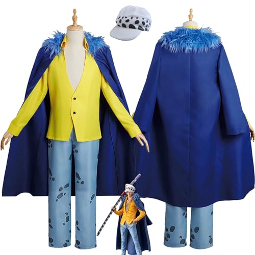 bbganlian Anime One Piece Trafalgar D Water Law Cosplay Kostüm Outfit Rollenspiel Blau Uniform Komplettes Set Halloween Karneval Party Dress Up Anzug mit Hut für Männer Jungen (S) von bbganlian