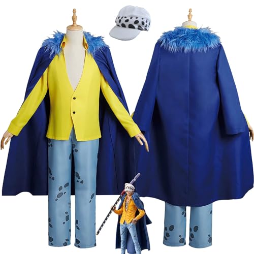 bbganlian Anime One Piece Trafalgar D Water Law Cosplay Kostüm Outfit Rollenspiel Blau Uniform Komplettes Set Halloween Karneval Party Dress Up Anzug mit Hut für Männer Jungen (XS) von bbganlian