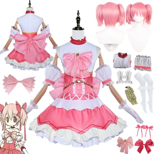 bbganlian Anime Puella Magi Madoka Magica Kaname Modoka Cosplay Kostüm Outfit Rosa Uniform Komplettes Set Halloween Party Dress Up Anzug mit Kopfschmuck Perücke für Frauen Mädchen (XL) von bbganlian