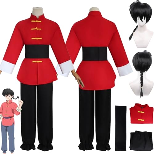 bbganlian Anime Ranma 1/2 Tendou Akane Cosplay Kostüm Outfit Rollenspiel Uniform Rot Obere Hosen Komplettes Set Halloween Party Karneval Dress Up Anzug mit Perücke für Männer (S) von bbganlian