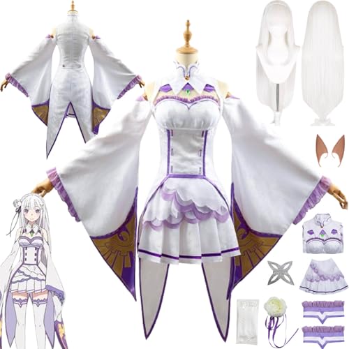 bbganlian Anime Re Life In A Different World From Zero Cosplay Kostüm Outfit Emilia Uniform Komplettes Set Halloween Karneval Dress Up Anzug mit Perücke Falsches Ohr für Frauen (L) von bbganlian