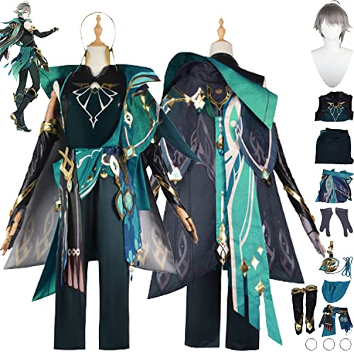 bbganlian Genshin Impact Alhaitham Cosplay Kostüm Outfit Spielcharakter Kinich Uniform Komplettes Set Halloween Karneval Party Dress Up Anzug mit Kopfschmuck Perücke für Männer (S) von bbganlian