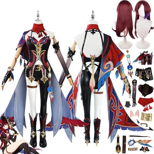 bbganlian Genshin Impact Chasca Cosplay Kostüm Outfit Spielcharakter Uniform Komplettes Set Halloween Party Karneval Dress Up Anzug mit Perücke Falsches Ohr Hut Ohrclip für Frauen (L) von bbganlian