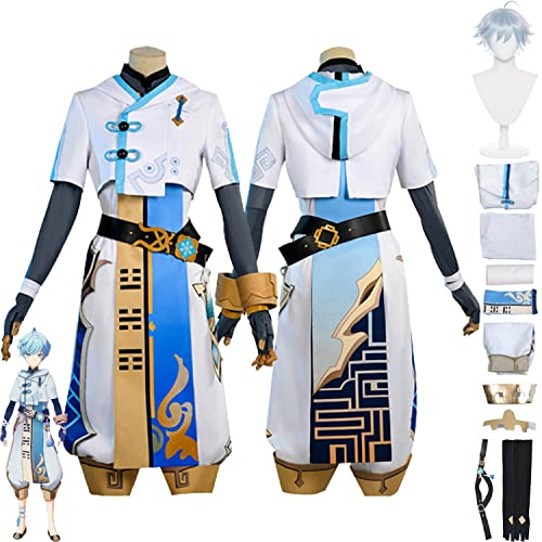 bbganlian Genshin Impact Chongyun Cosplay Kostüm Outfit Spielcharakter Kinich Focalors Uniform Komplettes Set Halloween Karneval Party Dress Up Anzug mit Perücke für Männer (XL) von bbganlian