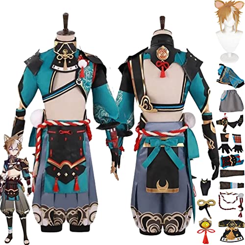 bbganlian Genshin Impact Gorou Cosplay Kostüm Outfit Spielcharakter Kinich Uniform Komplettes Set Halloween Karneval Party Dress Up Anzug mit Perücke Kopfschmuck für Männer (S) von bbganlian