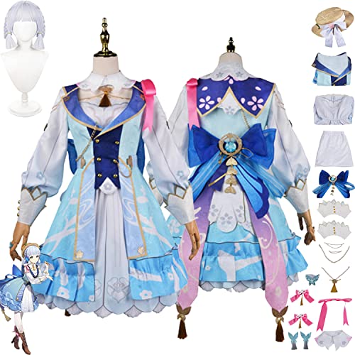 bbganlian Genshin Impact Kamisato Ayaka Neue Haut Cosplay Kostüm Outfit Spielcharakter Uniform Komplettes Set Halloween Party Karneval Dress Up Anzug mit Perücke Hut für Frauen (L) von bbganlian